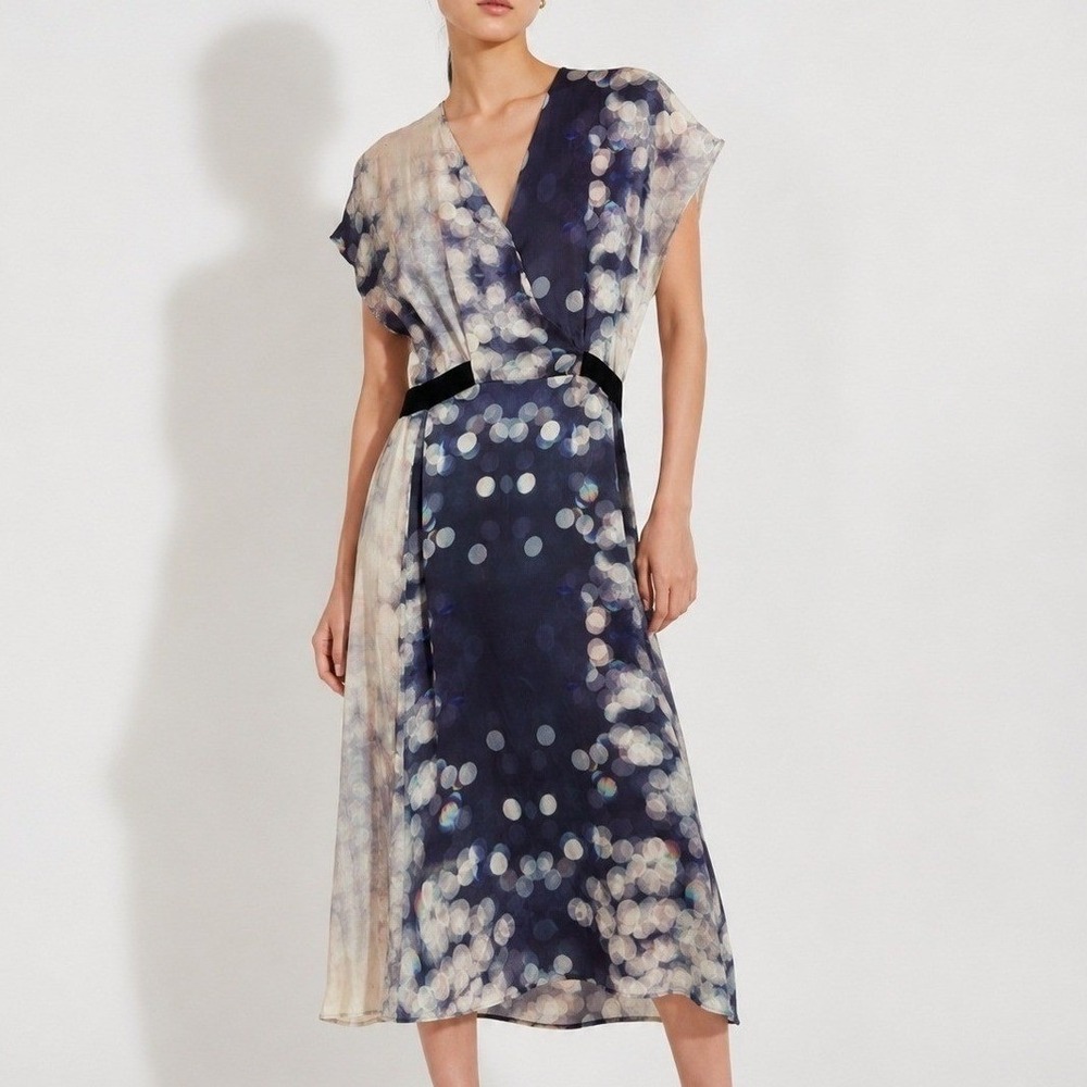 Creatures of Comfort Silk Bokeh Print V-Neck Midi Dress Small Blue Cream
